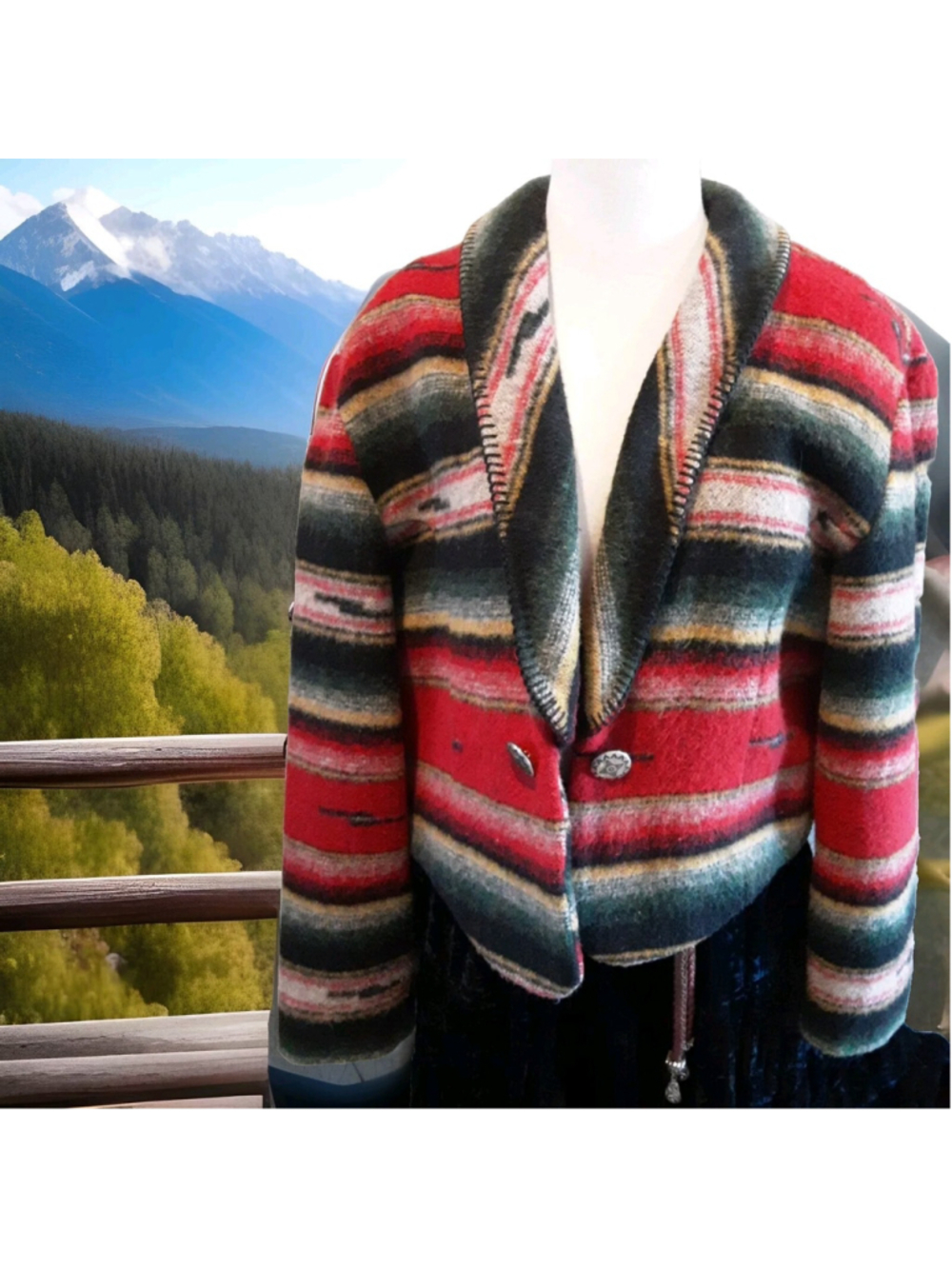 MILLER STOCKMAN-Serapé Southwest Blanket Jacket Conchos Shawl Collar Sz XL VTG